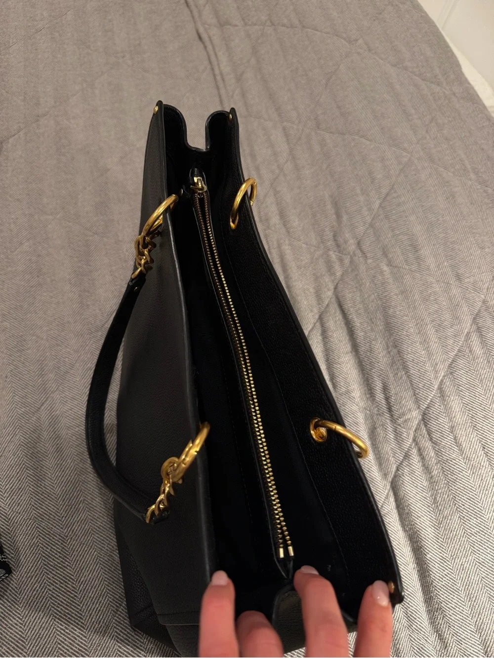 Tory Burch Black Pebbled Leather Tote with Gold Chain Detail